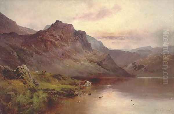 Cattle watering beside a highland loch Oil Painting by Alfred de Breanski