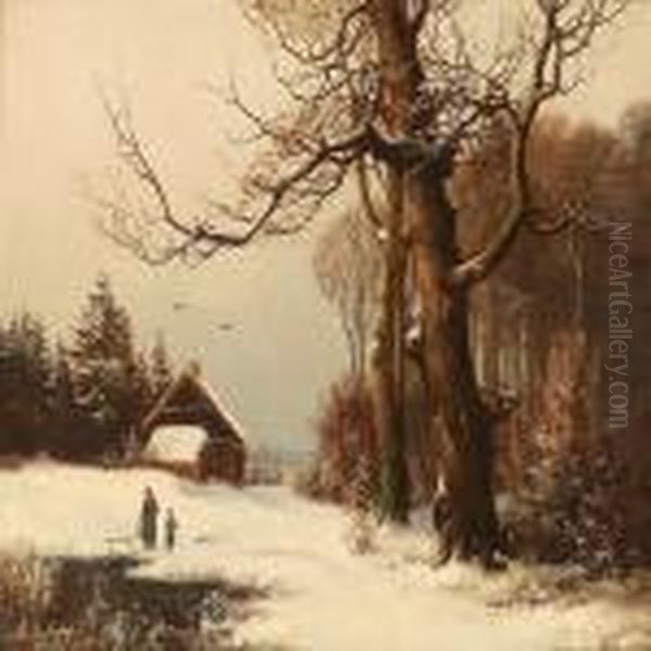 Mother And Son Near A Frozen Lake Oil Painting by Anders Anderson-Lundby