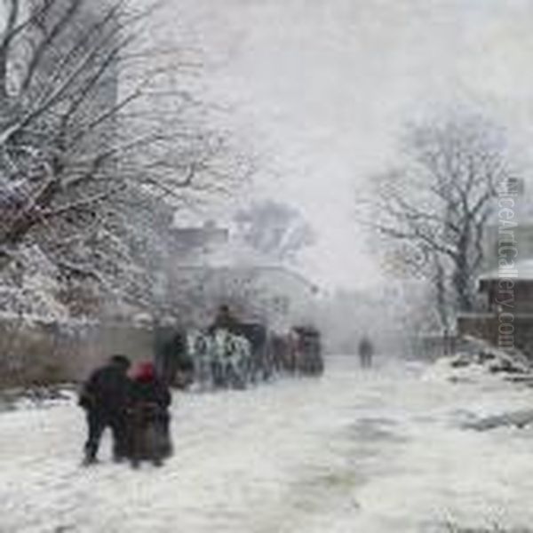 View Of A Street On The Outskirts Of Munich, Winter Oil Painting by Anders Anderson-Lundby