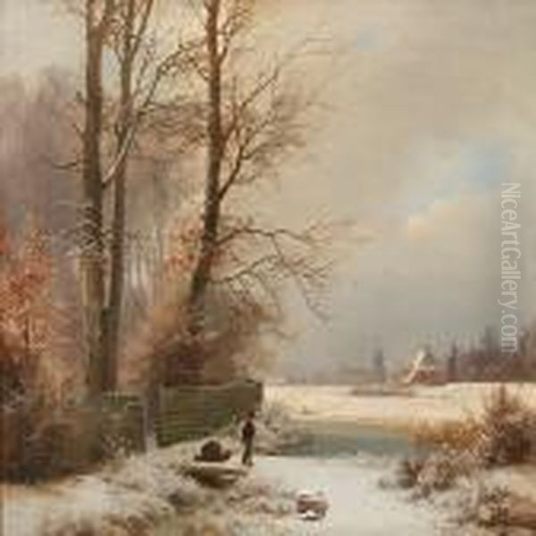 Winter Landscape With A Young And His Sledge Oil Painting by Anders Anderson-Lundby