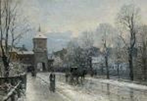 Winterliche Strasenszenein Giesing Oil Painting by Anders Anderson-Lundby