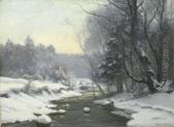 Winterliche Bachlandschaft. Oil Painting by Anders Anderson-Lundby