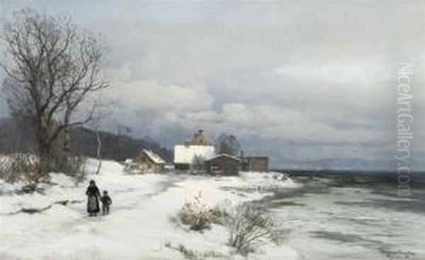 Seascape In Winter With Two Figures Oil Painting by Anders Anderson-Lundby