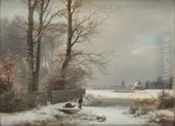 Man Med Kalke I Vinterlandskap Oil Painting by Anders Anderson-Lundby