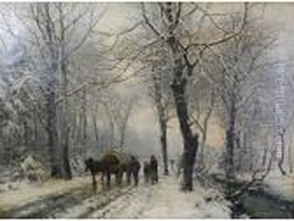 Wooded Winter Landscape Under 
Snow With Family Walking Beside A Horse Drawn Covered Wagon On A Lane Oil Painting by Anders Anderson-Lundby