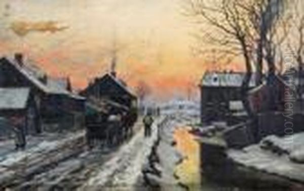 Winter Street Scene With Sunset Oil Painting by Anders Anderson-Lundby