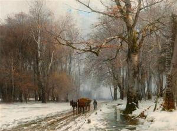 Farmer With Horse And Cart In A Winter Landscape Oil Painting by Anders Anderson-Lundby