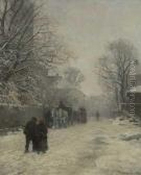 Winterliche Dorfstrase. Oil Painting by Anders Anderson-Lundby