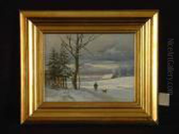 Spazierganger Mit Hund Im Schnee Oil Painting by Anders Anderson-Lundby