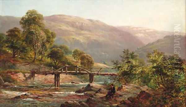 An angler by a Highland river Oil Painting by Alfred de Breanski