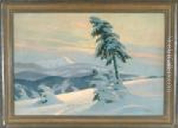 Blick Auf Die Schneekoppe In Abendlicher Winterlandschaft Oil Painting by Anders Anderson-Lundby