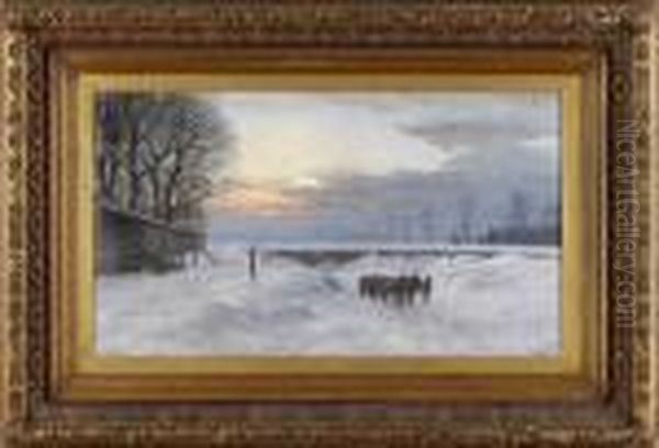 Winterlandschaft Mit Pferdekarren. Oil Painting by Anders Anderson-Lundby