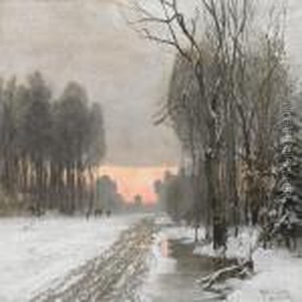 Winter Scenery Witha Red Sky Oil Painting by Anders Anderson-Lundby