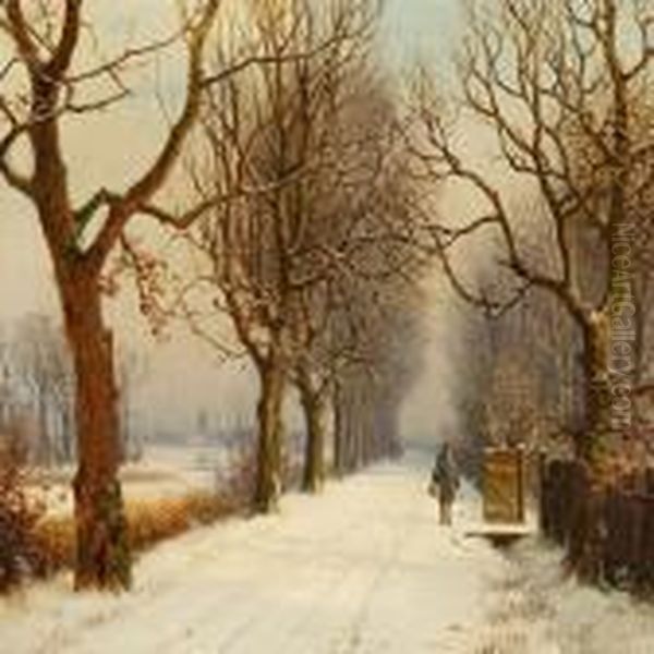 Winter Scene With People Walking Along A Brook Oil Painting by Anders Anderson-Lundby