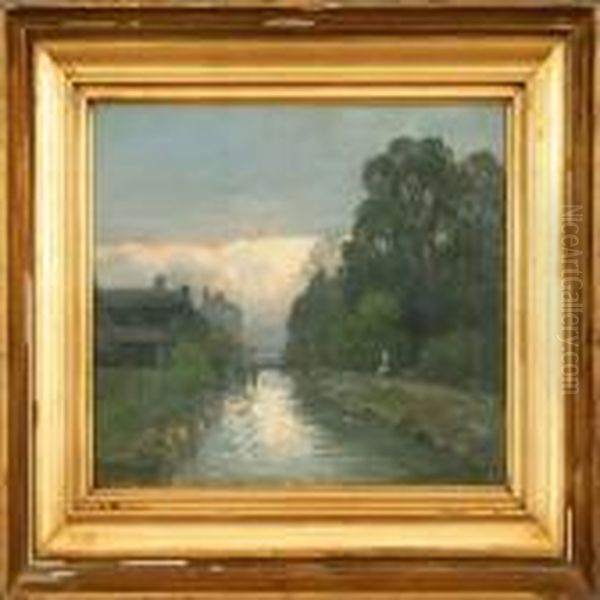 A Small Boy, Fishing At A Stream. Signed A. Andersen Oil Painting by Anders Anderson-Lundby