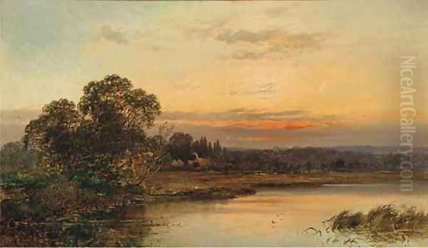 An autumnal sunset on the Thames at Hurley Oil Painting by Alfred de Breanski