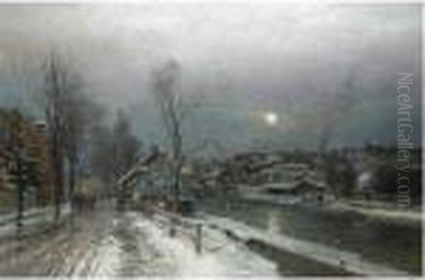 A Busy Town In Moonlight Oil Painting by Anders Anderson-Lundby