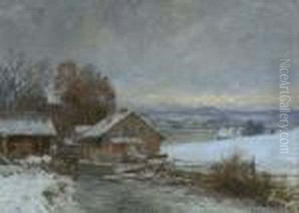 Muhle Am Bach In Winterlicher
 Vorgebirgslandschaft. Oil Painting by Anders Anderson-Lundby