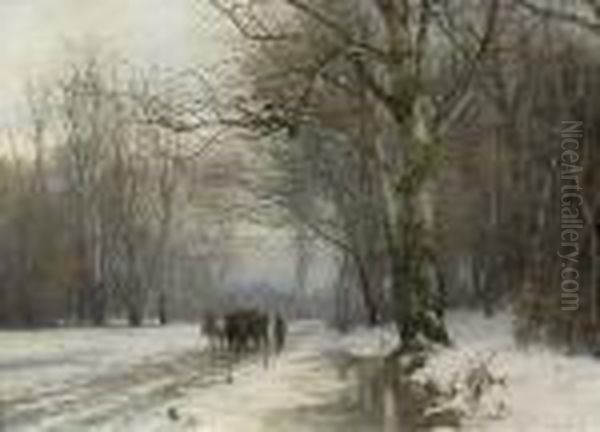 Bauer Mit Pferdefuhrwerk Im
 Winterlichen Birkenwald. Oil Painting by Anders Anderson-Lundby