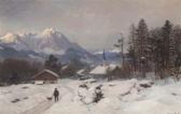 A Hunter At A Mountain Settlement Oil Painting by Anders Anderson-Lundby