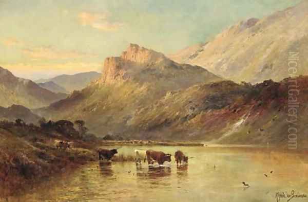 Cattle watering in a Mountainous Landscape Oil Painting by Alfred de Breanski