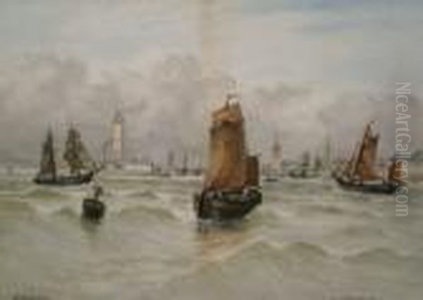 ' Off Portsmouth '
 A 19thc View Of Sailboats Off Portsmouth Quay With Buildings And Battleships Beyond Oil Painting by Robert Anderson