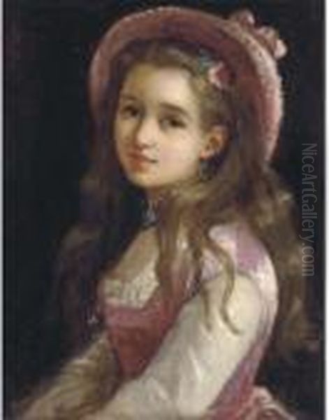 Portrait Of A Young Girl, Halflength In A Pink Dress And Hat Oil Painting by Sophie Gengembre Anderson