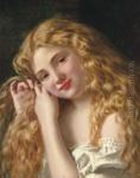 A Young Girl Braiding Her Hair Oil Painting by Sophie Gengembre Anderson