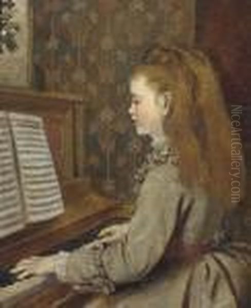 Portrait Of A Girl, Seated Half-length, In A Grey Dress, Playing The Piano Oil Painting by Sophie Gengembre Anderson