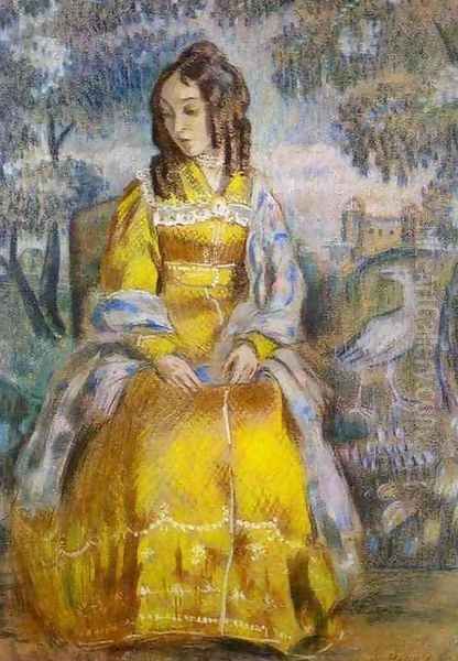 Lady Seated, with a Tapestry in the Background, 1903. Oil Painting by Viktor Elpidiforovich Borisov-Musatov