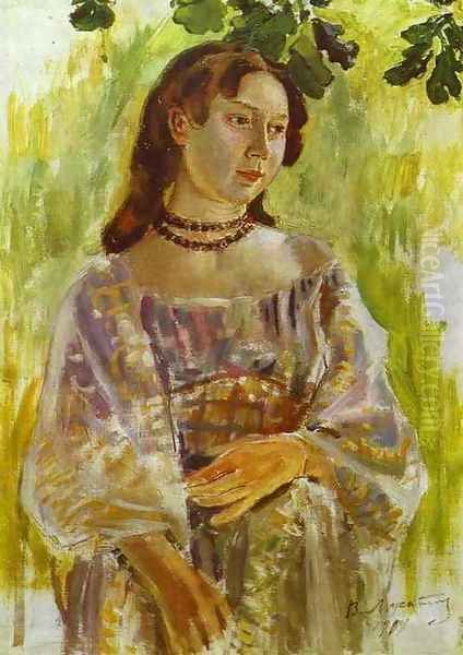 Young Girl with a Necklace, (study) 1904 Oil Painting by Viktor Elpidiforovich Borisov-Musatov