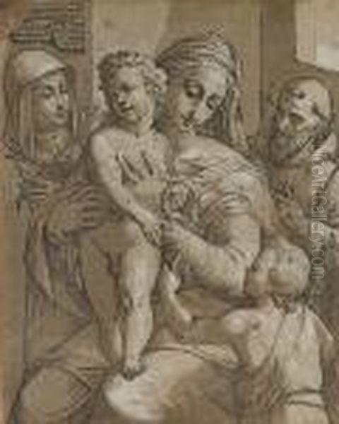 Madonna And Child Accompanied By Saints (bartsch 27) Oil Painting by Andrea Andreani