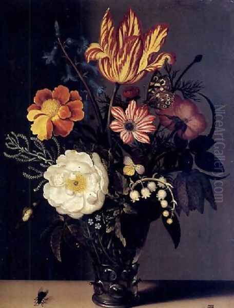 Nature morte au bouquet de roses, tulips et muguet dans un verre roemer Oil Painting by Ambrosius the Elder Bosschaert