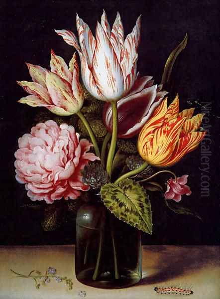 A Still Life With A Bouquet Of Tulips, A Rose, Clover And A Cylclamen In A Green Glass Bottle Oil Painting by Ambrosius the Elder Bosschaert