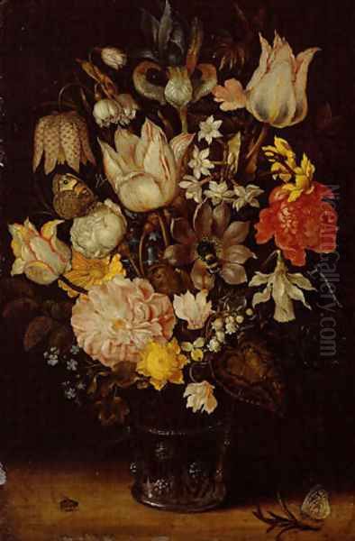 Still life of a bouquet of flowers including variegated tulips, bluebells, forget-me-nots and lily-of-the-valley (1) Oil Painting by Ambrosius the Elder Bosschaert