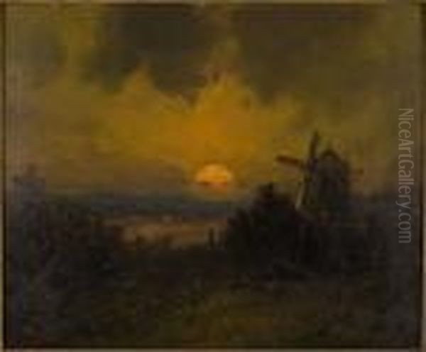 Moonlight, Oil On Board, 
Depicting A Windmill In A Landscape, Signed Lower Left. Framed: 13 In. X
 15 In Oil Painting by Henry Andrews