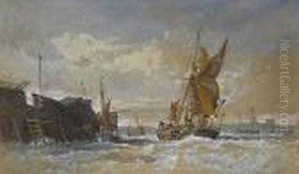 A Ketch-rigged Barge In Choppy Waters In The Medway, With Rochester Castle Beyond Oil Painting by Henry Andrews