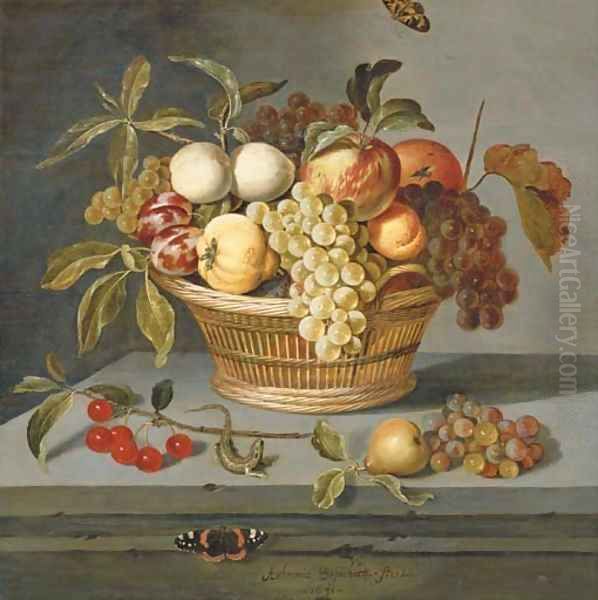 Grapes with a pear, an apricot, apples and plums in a wicker basket with a sprig of cherries, a lizard and a Red Admiral butterfly on a stone ledge Oil Painting by Ambrosius the Elder Bosschaert