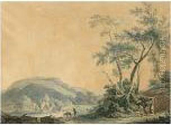 A Pastoral Hilly Landscape With Figures Walking On The Outskirts Of A Small Village Oil Painting by Jurriaan Andriessen