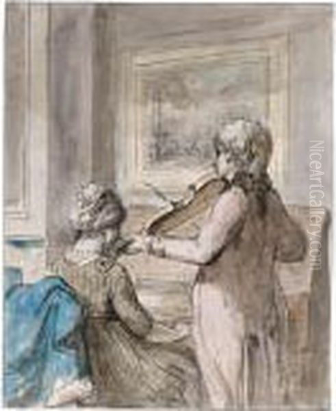 A Young Couple Making Music Oil Painting by Jurriaan Andriessen