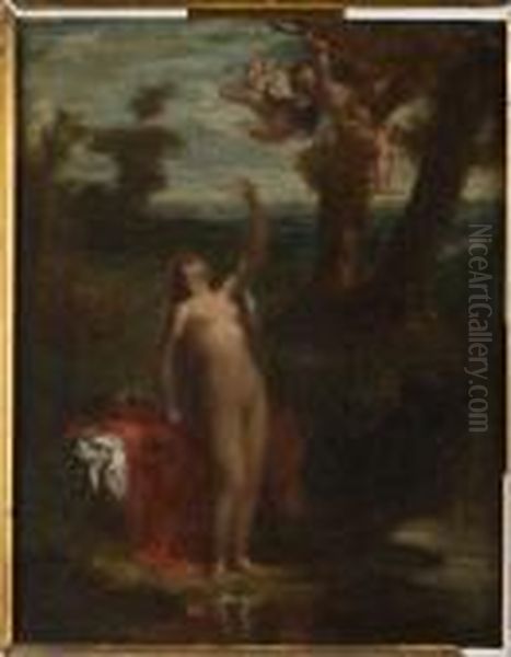 X , Allegorical Nude In Landscape Oil Painting by Pierre Andrieu