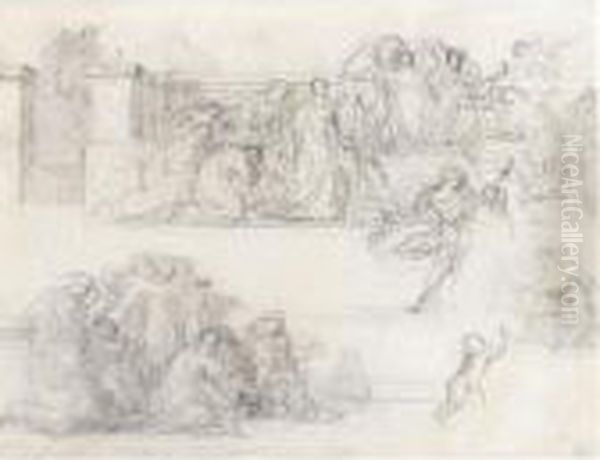 Compositional Study With Figures On A Terrace Verso Oil Painting by Pierre Andrieu