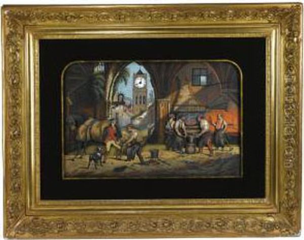 Philippe Polychrome Painted Musical Automaton Framed Wall Clock Oil Painting by Alfred Louis Andrieux