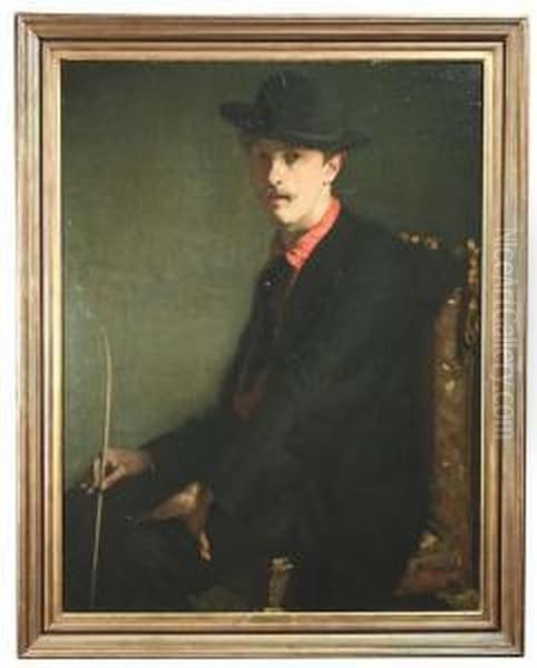 Portrait Of A Gentleman Wearing A
 Black Dress And A Hat, Assumedly Portrait Of The Art Critic Camille 
Mauclair As A Young Man. Oil Painting by Alfred Louis Andrieux