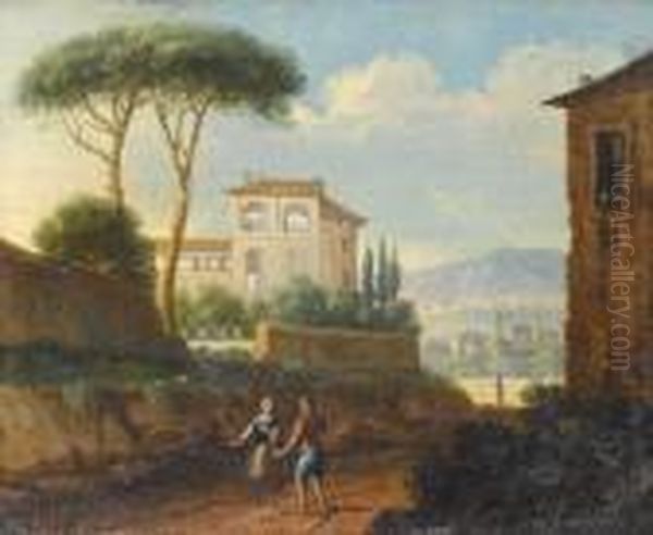 Figures On A Path Before An Italianate Palace,a Landscape Beyond Oil Painting by Paolo Anesi