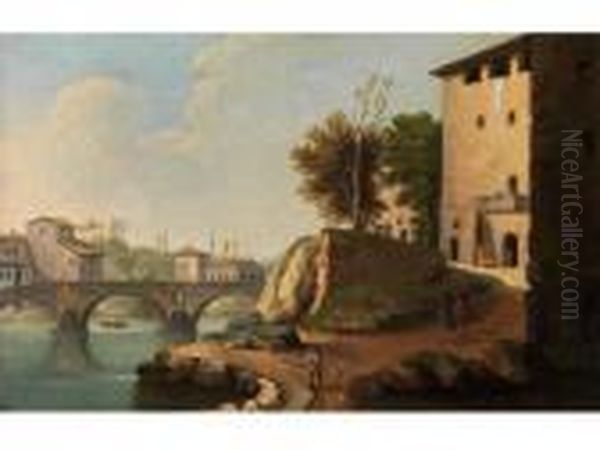 Tiberbrucke In Rom Mit Blick Auf Denponte Sisto Und Die Gebaudefront Der Farnesia Oil Painting by Paolo Anesi