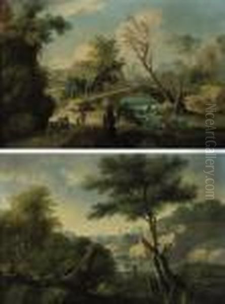 A Wooded River Landscape With 
Travellers Approaching A Bridge Andan Angler Seated On A Bank Oil Painting by Paolo Anesi