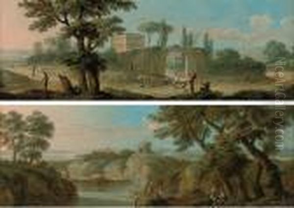 An Extensive Landscape With A Hunter Oil Painting by Paolo Anesi