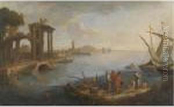 A Coastal Landscape With Figures Conversing In The Foreground Beside Boats Oil Painting by Paolo Anesi