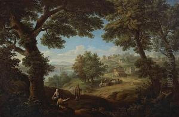 A Wooded Landscape With Figures Resting By A Tree And A Hill Town Beyond Oil Painting by Paolo Anesi